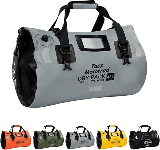 Waterproof Duffel Bag for Men/Women, Roll-top Dry Backpack Duffel Bag with Quick-fixed Straps, Motorcycle Tail Saddle Bag for Motorcycling, Rafting, Boating, Kayaking, Travel, 48L-Grey by TACXMOTORRAD