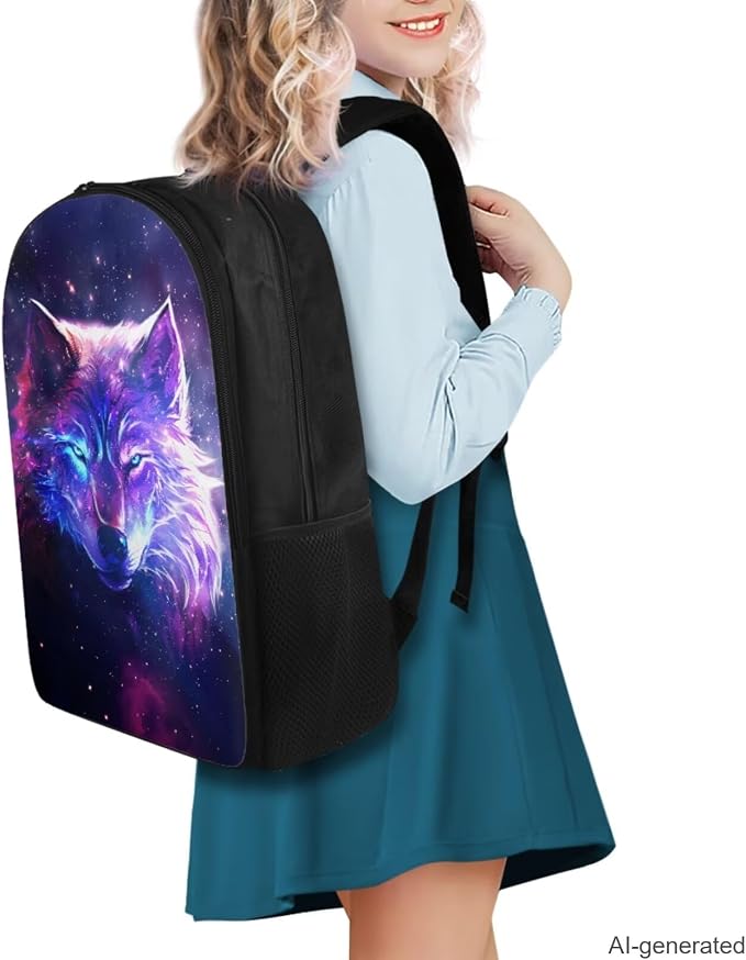 Galaxy Wolf Backpack for Girls Boys Backpack with Lunch Box Water Bottle Holder with Strap and Aesthetic Pencil Case 4PCS Set Bookbag with Compartments for School 17 inch School Bag for Kids - Image 2