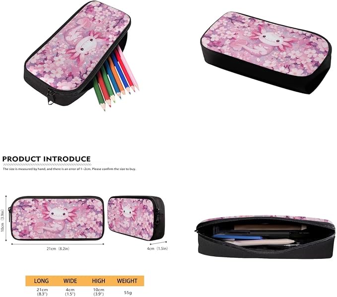 Cherry Blossom Axolotl Backpack for Girls Kids Backpack with Lunch Box Water Bottle Holder with Strap and Cute Pencil Case 4PCS Set Bookbag with Front Pocket for School 17 inch School Bag - Image 5