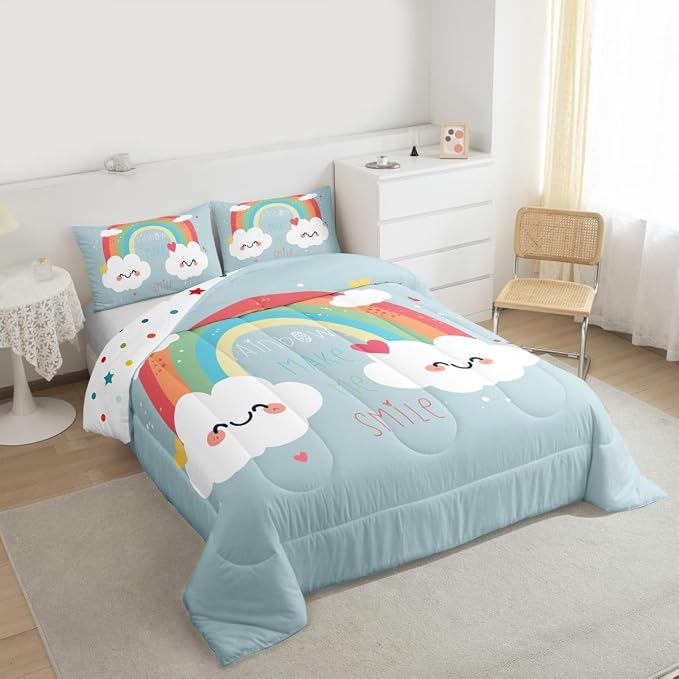 Girls Rainbow Comforter Set, Cartoon Blue Quilted Comforter Twin Size For Kids Boys Women Bedroom, Love Heart Bedding Set Kawaii Room Decor Rainbow Cloud Duvet Sets With 1 Pillow Case - Image 6