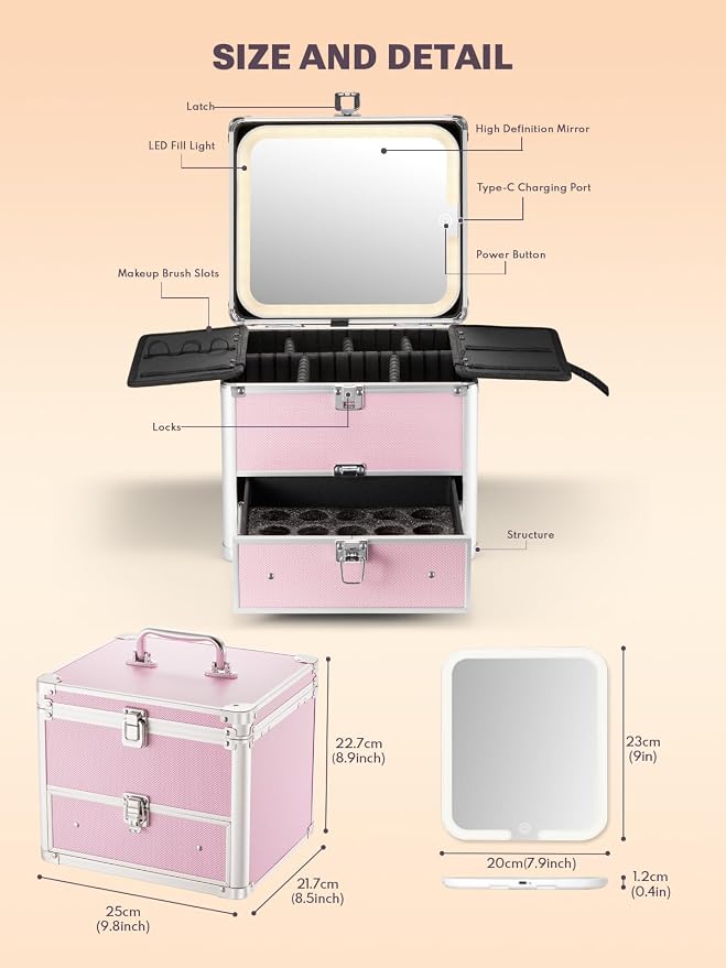 Qislee Makeup Box with Detachable Magnetic LED Mirror, Travel Train Case | Make Up Bag with Drawer, 6 Adjustable EVA Dividers, 2 Brush Boards, for Flight Trips, Waterproof Portable, ICY Pink - Image 3