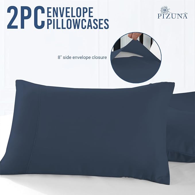 Pizuna 100% Cotton Pillow Cases King Size Set of 2 Luxury 1000 Thread Count Sateen Weave Long Staple Cotton Hotel Quality Envelope Closure Pillow Covers Fits King Pillows - Dark Blue - Image 3