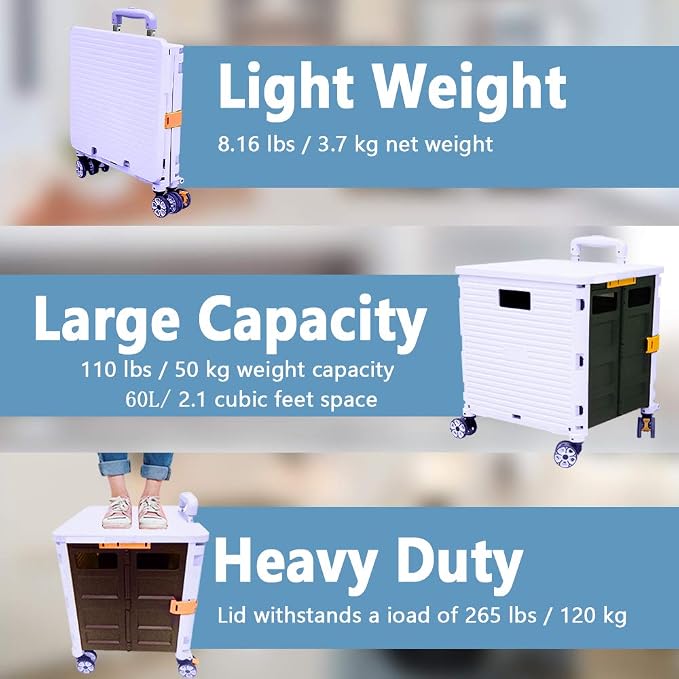 FELICON SELORSS Foldable Utility Cart Folding Portable Rolling Crate-Purple | Durable,Heavy Duty,Plastic Box,Telescoping Handle,4 Rotate Wheels,Collapsible Handcart for Travel Shop Move Luggage Office - Image 3