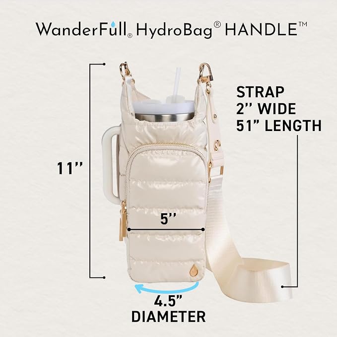 WanderFull Original HydroBag Handle®, Zipper for Handle, 40 oz Water Bottle Holder w/Strap, Crossbody Carrier Bag w/Phone Pocket- Ivory Lacquer w/Vegan Leather Trimmed Strap - Image 4