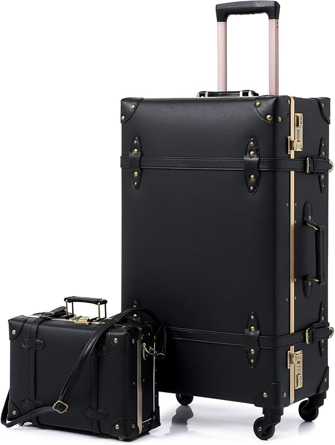 urecity Designer Vintage Trunk Combination Luggage Sets of 2 Piece, Hard Shell Retro Travel Suitcase with Wheels (Black, 20"+12") by urecity