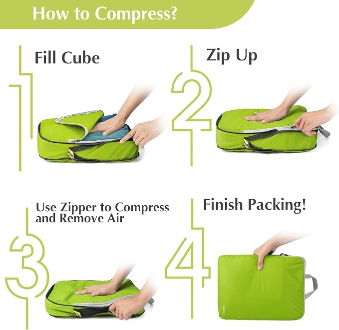 Gonex Compression Packing Cubes, 4pcs Expandable Storage Travel Luggage Bags Organizers (Green) - Image 7