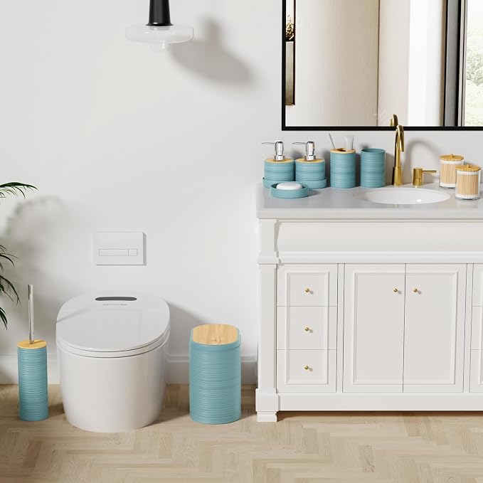 XLHOMO Light Blue Bathroom Set - 10PC Bathroom Accessories Set, Luxury Bathroom Accessory Set with Trash Can,Toilet Brush & 2 PC Soap Dispensers for Apartment Decor and Housewarming - Image 2