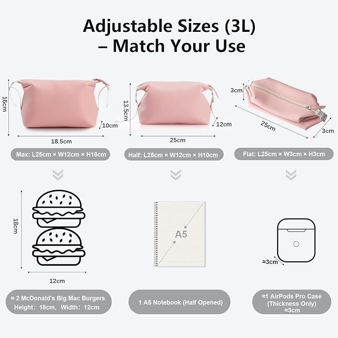 Vomgomfom 3L 6.5 Inch Silicone Toiletry Bag, Waterproof Leakproof Travel Cosmetic Organizer, Adjustable G-Buckle Compression Dopp Kit, Foldable Makeup Bag for Women & Men, Pink - Image 5