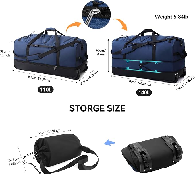 Bagenerous 110L/140L Expandable Soft-Sided Foldable Duffle Bag with 2 Rubber Wheels,Packable 32” Rolling Carry-On with Multi-Pockets & Compartments,Navy Blue - Image 3