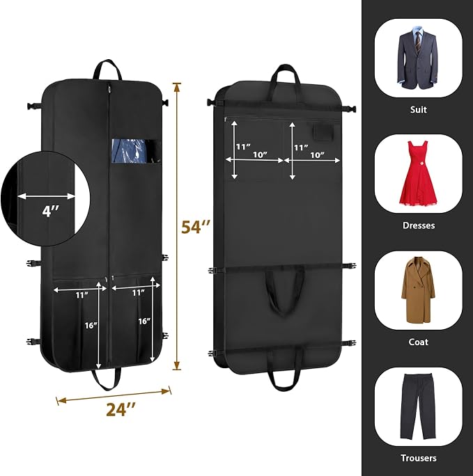 KEEGH Garment Bags for Travel 54" Tri-fold Garment Bag for Dresses Long Suit Bags Dress Bags for Closet Storage Hanging Clothes for Suit Coats Tuxedos Dresses with 4 Big Pockets, Black - Image 2