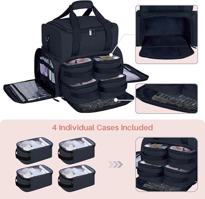 Large Makeup Bag Double Layer with 4 Removable Case,Black | Large Makeup Bag with 4 Removable Case and 2 Removable Dividers Double Layer Travel Cosmetic Makeup Brushes Storage Section - Image 3
