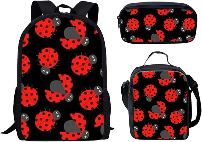 Forchrinse Red Ladybug Backpack for Kids Children Student Bookbag Set with Lunch Box Bag and Pencil Bag for Kids Toddler Girls,3 Pieces by Forchrinse