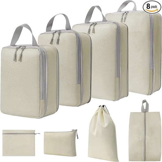 WOOMADA Compression Packing Cubes for Suitcases Travel Essentials 8 Set Expandable Travel Bags Organizer for Luggage(beige) by WOOMADA