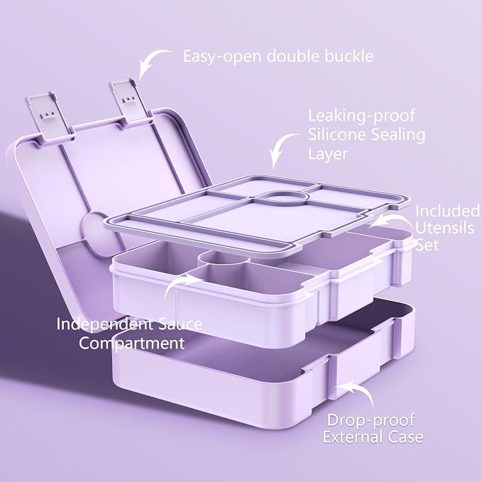 ACESAK Girls Backpack - Bento Box with Insulated Lunch Bag Pencil Case & Utensils Set for Kids, 6 Leakproof Compartments Removable Tray Lunches or Snack Container for School (Purple) - Image 5
