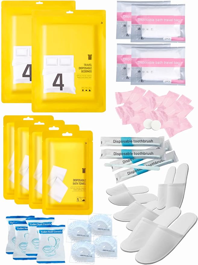 Extguds Disposable Travel Set : Bed Sheet×2+Duvet Cover×2+Pillow case×4+Bath Towels×4+Shower Caps×4+Plastic Bathtub Bag×4+Toilet Seat Covers×4+Compression face Towel×16+Toothbrushes×4+Slippers×4 by Extguds