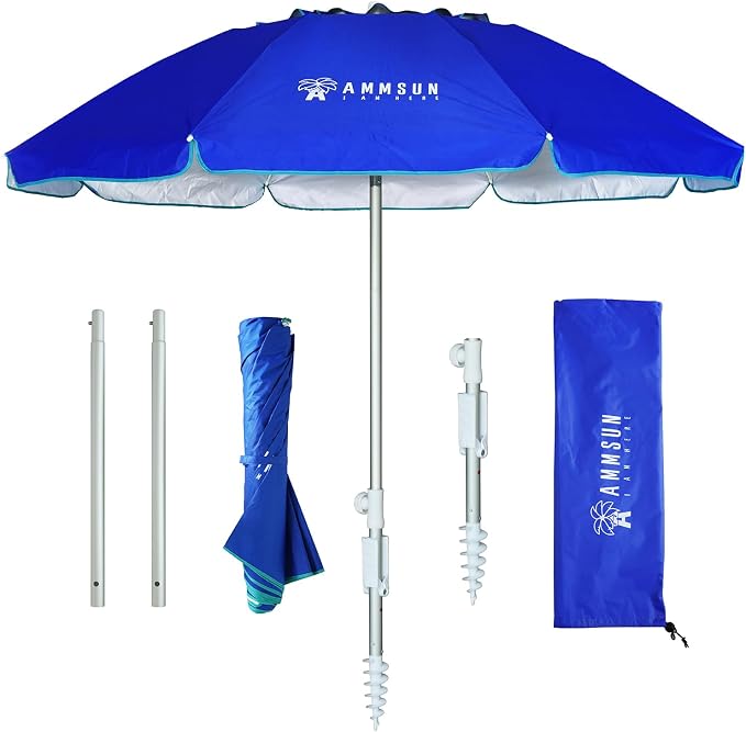 AMMSUN 6.5ft twice folded Portable beach umbrella with sand anchor windproof, Push Button Tilt and Air vent UPF 50+ Protection Fits in a large Suitcase for Patio Garden Beach Pool Backyard Blue by AMMSUN