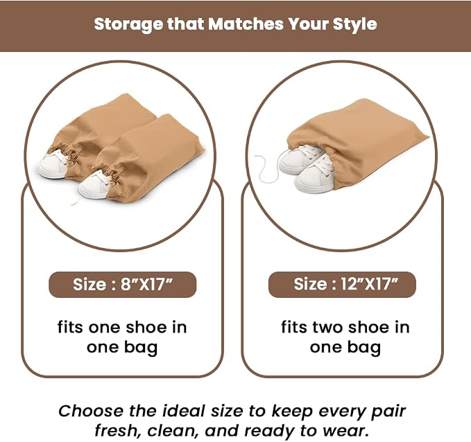 LFH Cotton Rich Shoe Storage Bags with Drawstring, Dustproof Breathable Reusable Organizer, Perfect For Travel, Dorm, Hotel, College, Gym, Easy to Carry, Machine Washable 8"x17" (Pack of 4) - Beige - Image 5