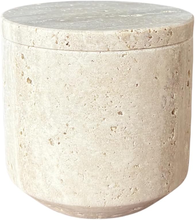 Natural Marble Hole Stone Cosmetic Cotton Swab Sundry Small Tank Storage Box Jar with Lid (Yellow Travertine) by StonePlus