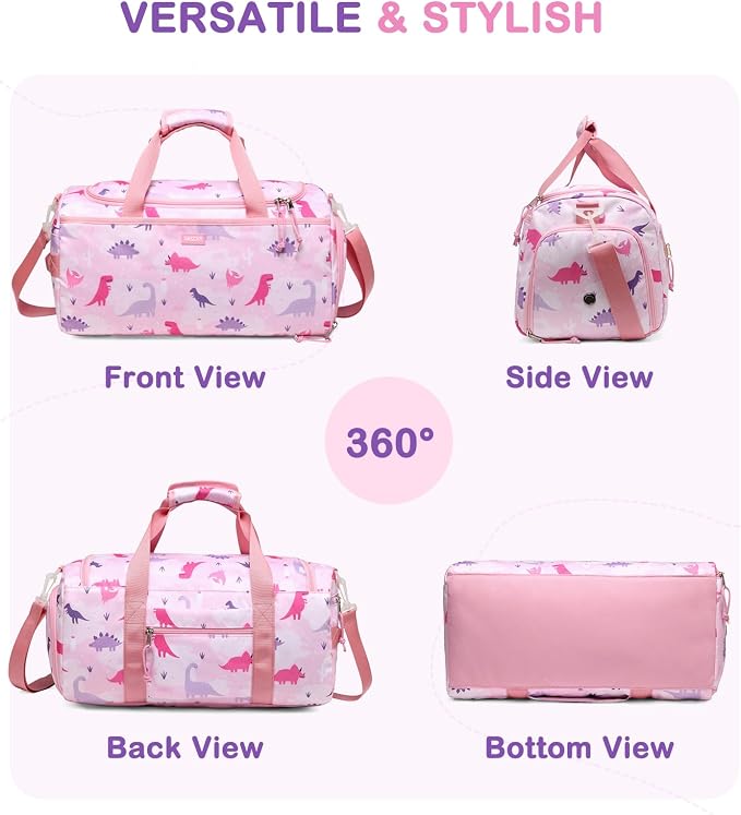 Kids Duffle Bag,VASCHY Travel Bag for Toddler Children Girls Water Resistant Overnight Duffel Ballet Dance Sport Carry On Weekender with Shoes Compartment Dry Wet Pocket Pink Dinosaur - Image 6
