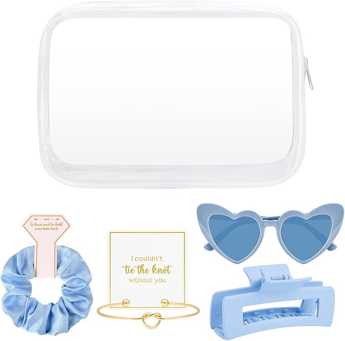 DEEKA 5 Pcs Bridesmaid Proposal Bag Set Gift Clear Makeup Toiletry Bag Bachelorette Party Favors Sunglasses Hair Claw Clips Scrunchies Knot Bracelets Bridal Wedding Party Gifts (Blue) - Image 8