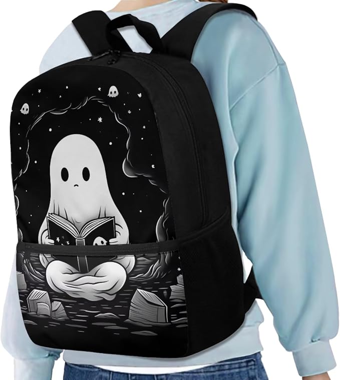 Ghost Backpack for Boys Girls Backpack with Lunch Box Water Bottle Holder and Soft Pencil Case 4PCS Set Bookbag with Front Pocket for School Teens 17 inch Large Capacity School Bag for Kids - Image 2