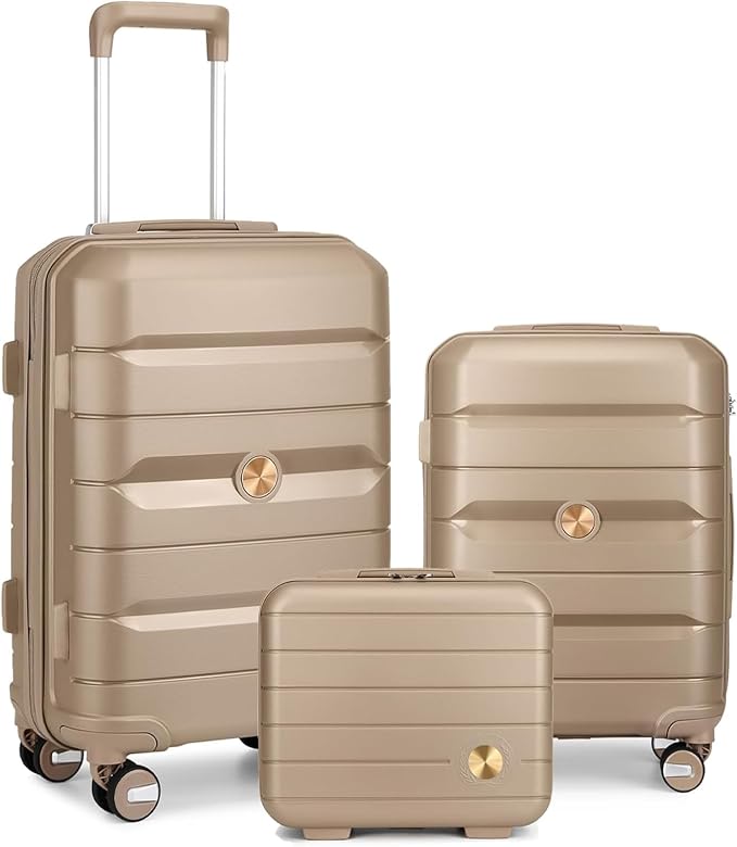 Somago Luggage Sets 3 Piece Hard Shell Polypropylene Suitcase with TSA Lock Spinner Carry On Luggage with Beauty Case Travel Set,Noble Golden by SOMAGO