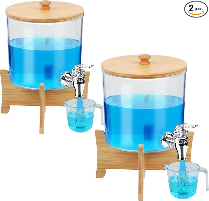 Laundry Detergent Dispenser*2 with Shelf & Bamboo Lid for Liquid Detergent, Laundry Soap Scent Booster & Fabric Softener Dispenser for Laundry Room Organization and Storage with 2 Cups & 20 Labels by Ecopandy