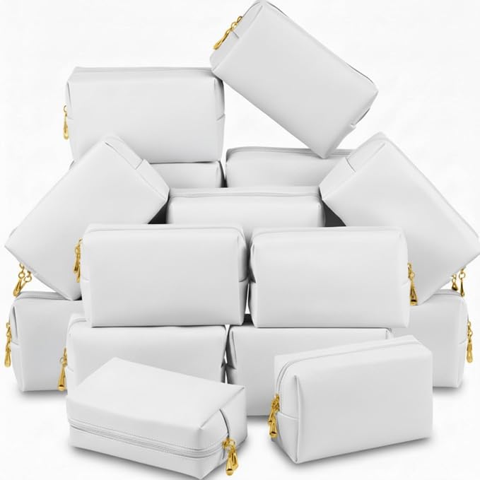 20 Pcs Preppy Makeup Bags PU Leather Cosmetic Pouch with Zipper Waterproof Make up Bags Toiletry Beauty Container for Women Bridal Shower Favors End of the Year Teacher Gifts(White) by Cunno