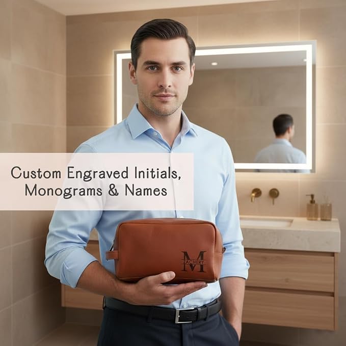 Danique Jewelry 100% Genuine Leather Personalized Toiletry Bag for Men • Mens Toiletry Travel Bag • Travel Essentials • Vacation Essentials Bathroom Travel Organizer • Groomsmen Gifts Shaving Bag - Image 2