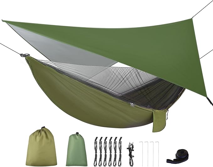 Camping Hammock with Rain Fly Tarp and Mosquito Net Tent Tree Straps, Portable Single Double Nylon Parachute Hammock Rainfly Set for Backpacking Hiking Travel Yard Outdoor Activities Green by WELCOMETOFIRINER