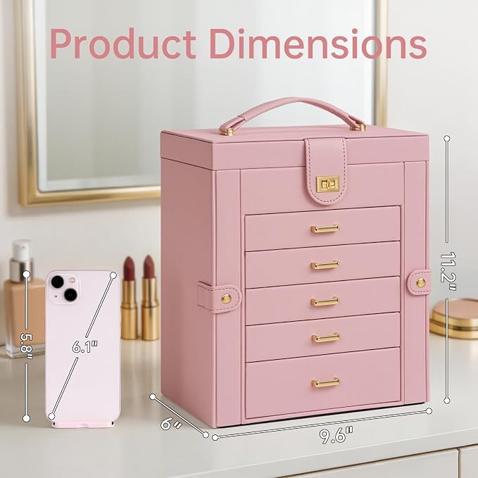 AKOZLIN 6-Tier Jewelry Box Organizer Functional 5 Drawers Leather Jewelry Storage Case for Women Girls Ring Necklace Earring Bracelet Holder Organizer with Mirror Medium Pink - Image 5