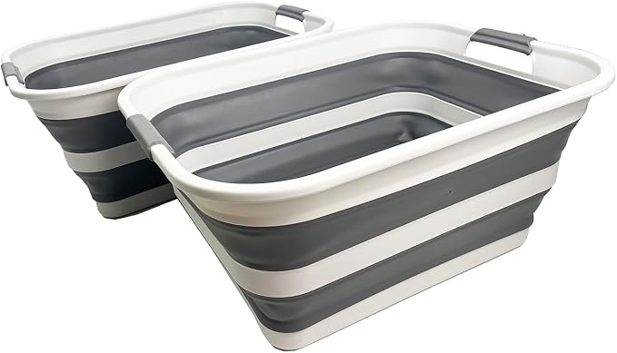SMMART Collapsible Plastic Laundry Basket with Handle/Foldable Pop Up Storage Hamper/Portable Laundry Organizer-Space Saving Washing Tub/Household Storage Supplies (Grey/Steel Grey, 42L (Set of 2)) by SAMMART
