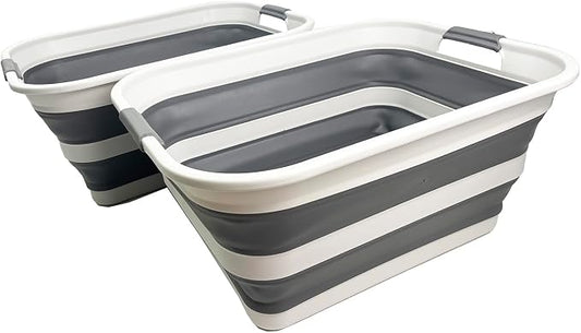 SMMART Collapsible Plastic Laundry Basket with Handle/Foldable Pop Up Storage Hamper/Portable Laundry Organizer-Space Saving Washing Tub/Household Storage Supplies (Grey/Steel Grey, 42L (Set of 2)) by SAMMART
