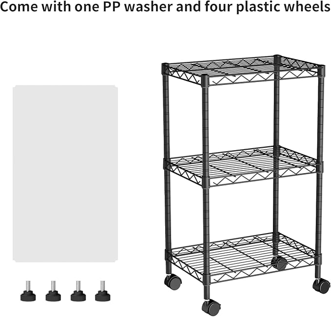 Golpart Small 3 Tier Shelves Storage Wire Shelving Unit Metal Shelf Adjustable Organizers Storage Shelving with Wheels for Bathroom Laundry Room Kitchen Pantry11.7”D x 17.7”W x 30.7”H Black - Image 4