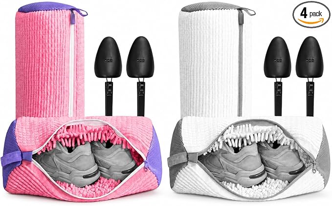Shoe Washing Machine Bag (4 Pack), Shoe Bag for Washing Machine with Microfiber Scrub Fibers, Self-Locking Zipper Protection, 4 Adjustable Shoe Trees, Sneaker Laundry Bag for Washer and Dryer by XERRYCON