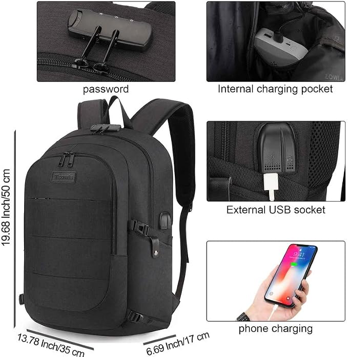 Tzowla Travel Laptop Backpack Water Resistant Anti-Theft Bag with Giant Tumbler Holder Pocket and Lock 15.6 Inch Computer Business Backpacks for Women Men Work College,Casual Daypack(Black) - Image 3