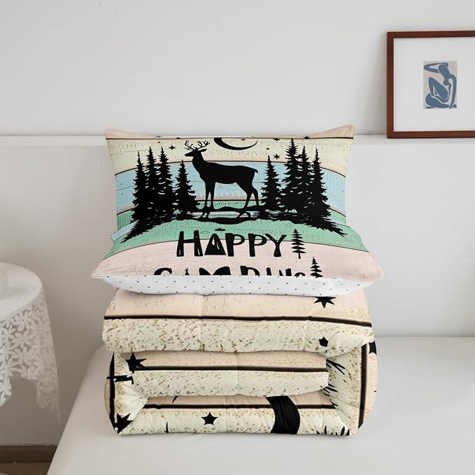 Camper Decor Quilt Bedding For Full Rustic Farmhouse Camping Comforter Set Woodland Animal Deer Rv accessories Bedding Sets Gifts For Teen Boys Girls Black Green Wooden Board Bunks Decor 2 Pillowcases - Image 7