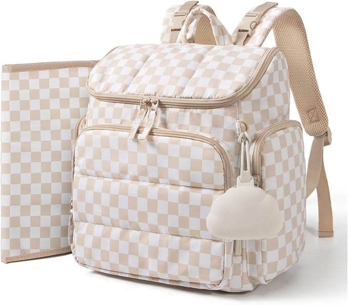 mommore Diaper Bag Backpack, Baby Bag with Waterproof Changing Pad and Stroller Straps for Toddler, Diaper Backpack for Mom Dads with Insulated Pockets & Pacifier Case, Baby Essential, Checkered Khaki by mommore