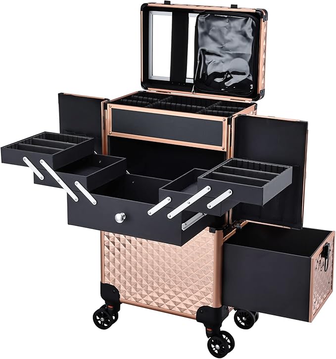 Professional Makeup Artist Rolling Train Case Multi-functional Cosmetic Train Case Large Trolley Storage Case for Nail Technicians Cosmetology Case for Hairstylist Rose Gold by AdazzoRollingMakeupCase