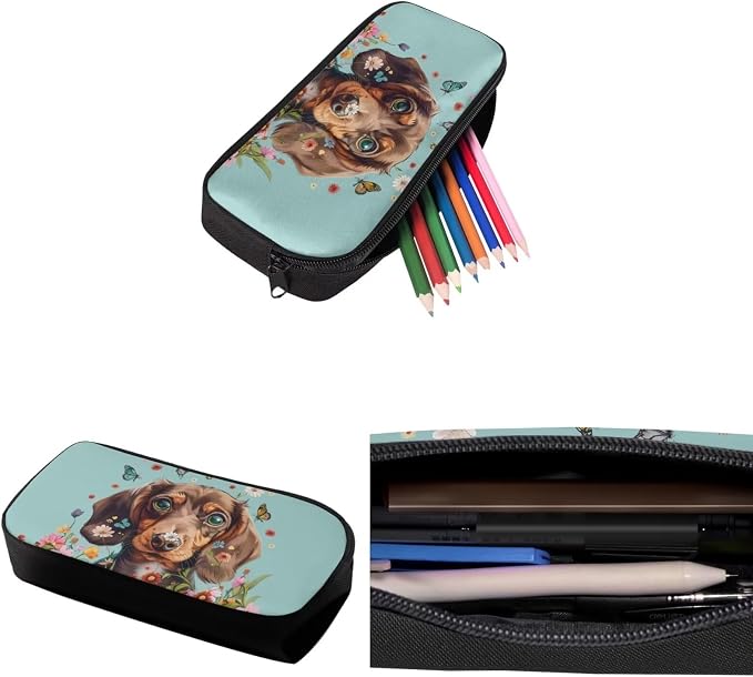 4 Pcs Backpack Set for Girls, Large Double Zipper School Bag Book Bag with Leakproof Lunch Box Pencil Bag Water Bottle Carrier for School and Daycare, Dachshund Colorful Floral - Image 6