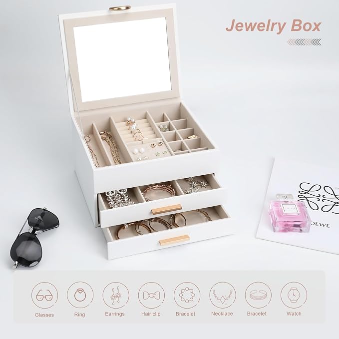 Elegant Jewelry Storage Box with Mirror 3-Tier Design with Smooth-Gliding Drawers Jewelry Organizer Perfect Christmas Birthday Gift for Wife Mom Women White - Image 6