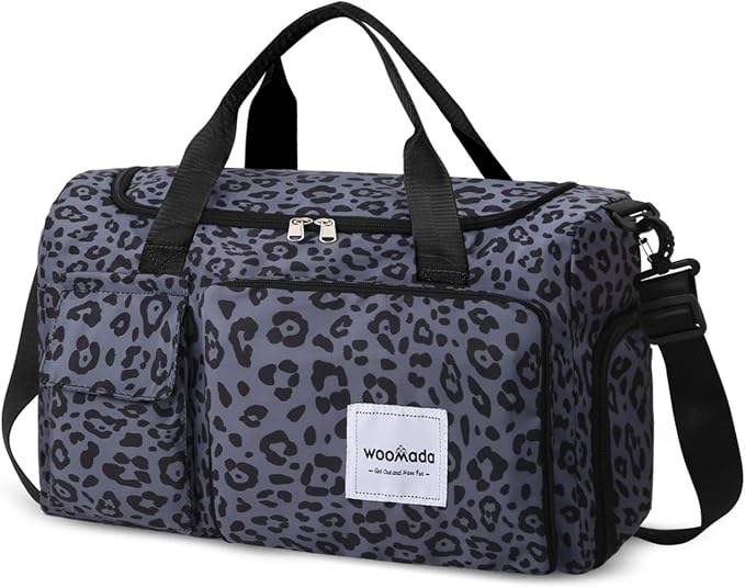 WOOMADA Foldable Travel Duffel Bag with Shoes Compartment, Overnight Bag with Wet Pocket & Trolley Sleeve, Weekender Bags for Women(B-black leopard) by WOOMADA