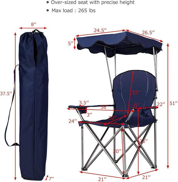 COSTWAY Portable Camping Chair with Canopy, Outdoor Lawn Chair with Shade, Carry Bag, Cup Holder, for Travel, Picnic, Beach (Blue) - Image 3