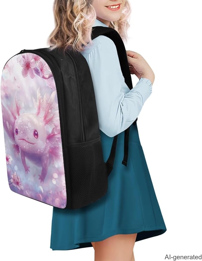 Cherry Blossom Axolotl Backpack for Girls Kids Backpack with Lunch Box Water Bottle Carrier and Aesthetic Pencil Case 4PCS Set Cute Bookbag with Compartments for School 17" Large School Bag - Image 2