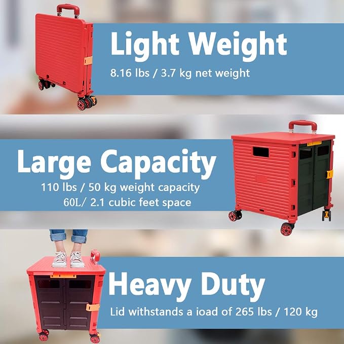 Quick Utility Cart Four -Rotate Wheeled Collapsible Handcart with Durable Heavy Duty Plastic Telescoping Handle for Travel Shopping Moving Luggage Office Use - Image 3