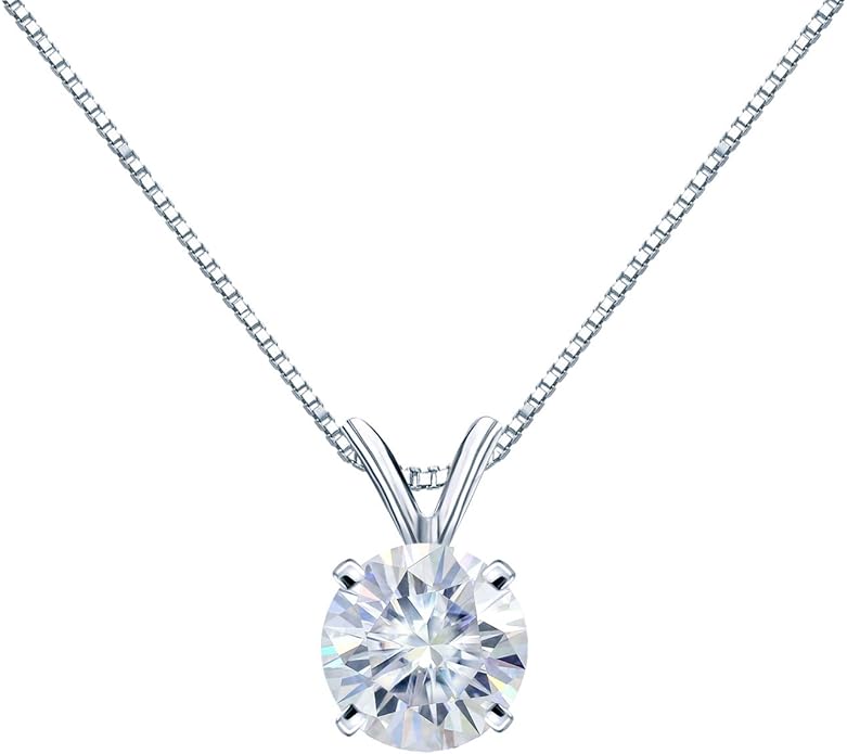1/2 to 3 1/2 Carat Round Moissanite Solitaire Pendant Necklace in 14k Gold (H-I, cttw) 4-Prong 16 to 18 Inch Adjustable Chain Spring Ring by Diamond Wish