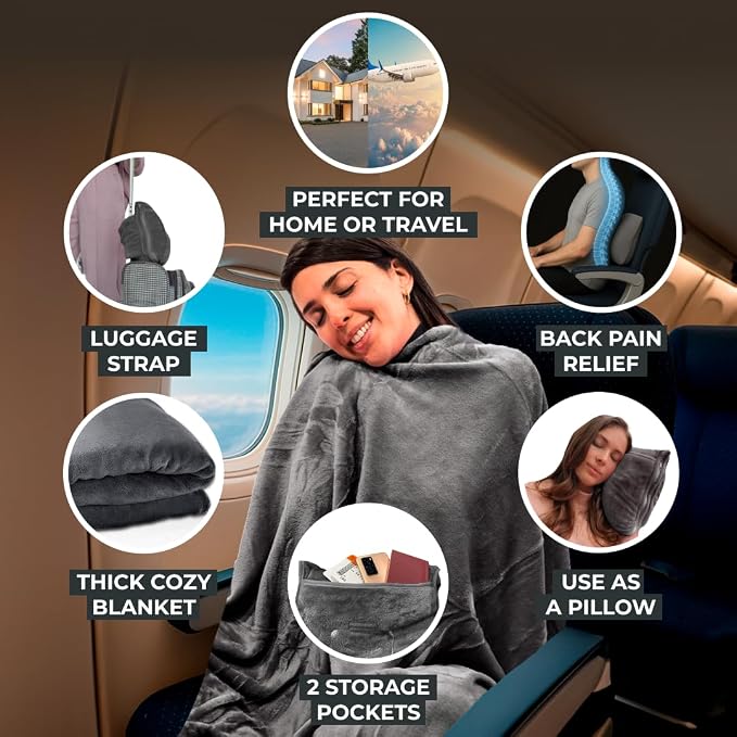 FlyHugz Grey Travel Blanket & Pillow Set (59.1"x47.2") with Carry Case, Luggage Sleeve & Clip – Portable, Lightweight, Breathable & Washable – Perfect for Plane, Car, Camping & Travel - Image 2