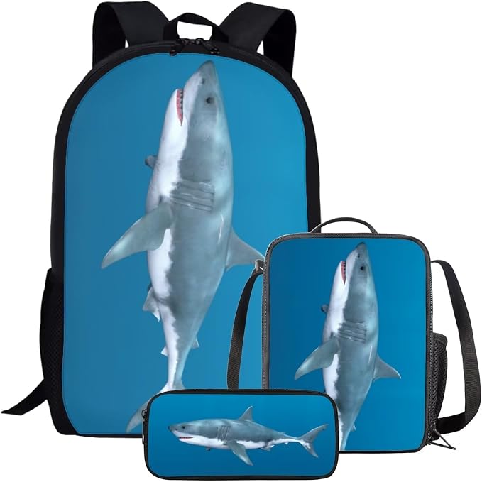 Kids Novelty Animal Backpack and Lunch Box for Boys Girls Student Lightweight 17 Inch School Shark Backpack with Lunch Bag Pencil Case Kids Comfy Padded Black Large Bookbag by Parprinty