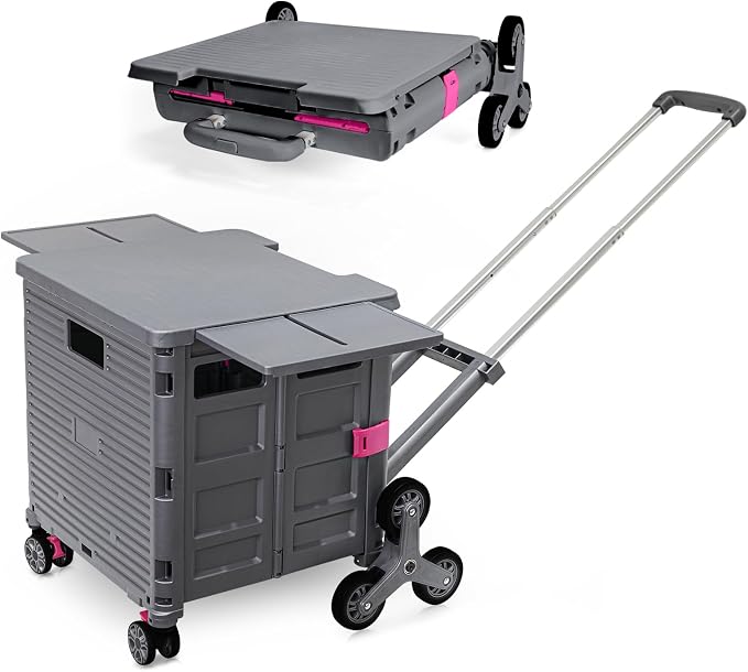 Foldable Utility Cart Portable Crate Rolling Dolly with Telescopic Handle,Can be Pulled diagonally, Magnetic Retractable Lid, 360°Swivel Climbing Wheels for Shopping Carrying Groceries Move Grey by FELICON