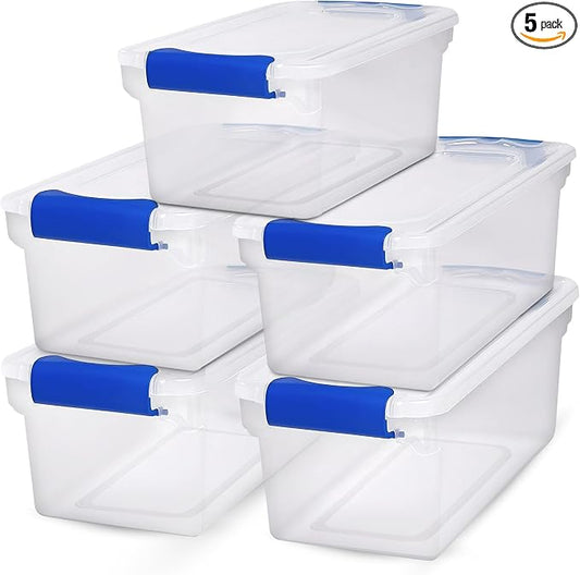 HOMZ 5-Pack Latching Lid, Clear Plastic Storage Organizer Bins, 7.5 Quart, Blue Latch - Stackable Organizing Containers for Home, Garage, and Office by Homz